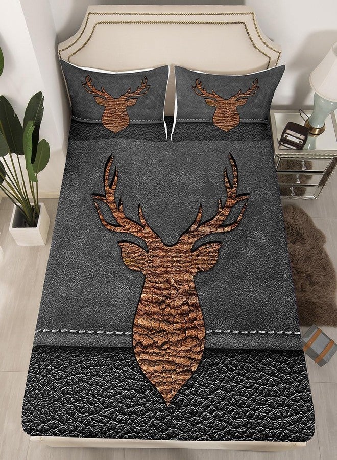 Homewish Rustic Deer Bed Sheet Set Queen Size,Retro Farmhouse Deer Antler Bedding Set for Children Adult,Brown Wooden Grey Cowhide Print Sheet Sets with Flat, Fitted Sheet, 2 Pillowcases - Image 2